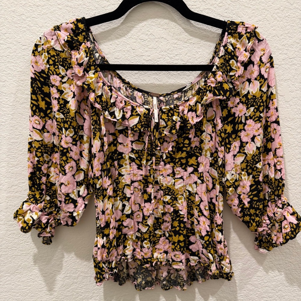 Free People Floral Ruffle Neck Smocked Back Blouse Pink Yellow Black Small